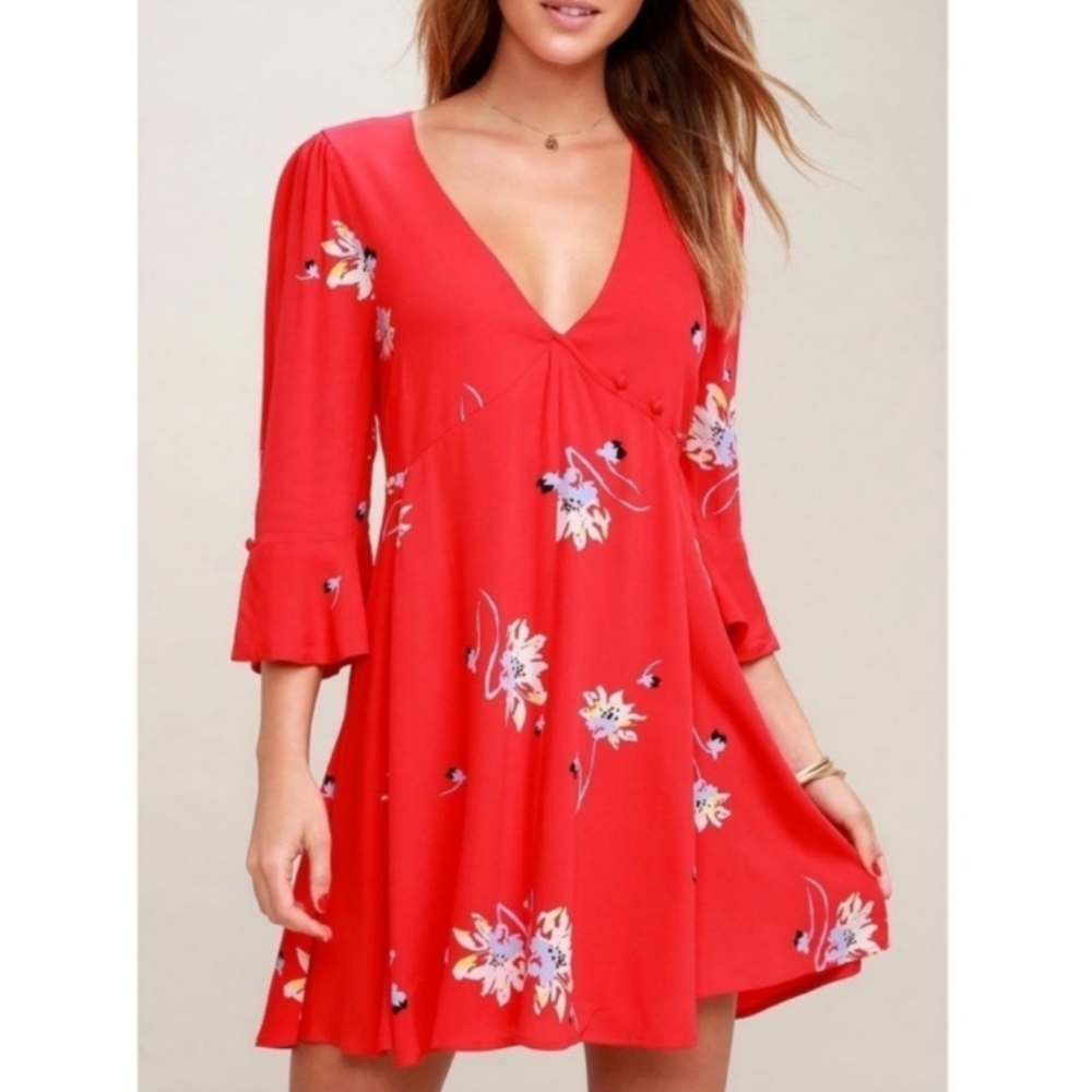 Free People Time On My Side Red Floral Wrap Mini Dress Size Medium